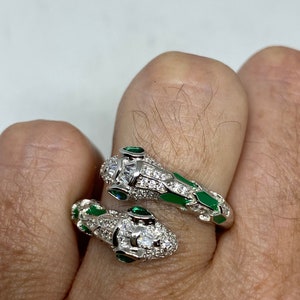 Vintage Snake Ring  Sterling Silver Emerald Green Crystal Adjustable