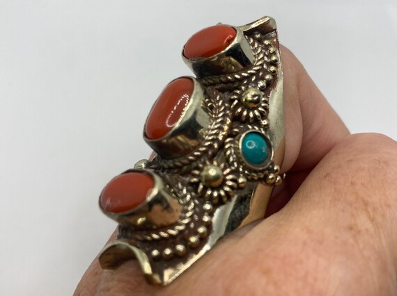 Vintage Red  Turquoise Tribal Brass Antique Ring - image 3