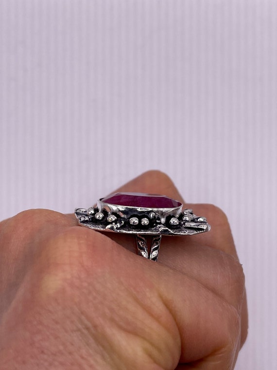 Vintage Raw Pink Ruby Deco Silver Cocktail Ring - image 6