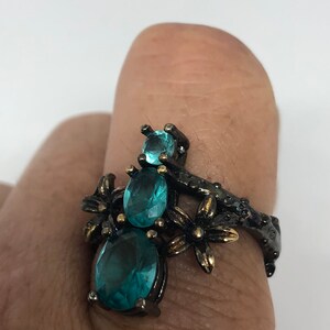Vintage Handmade Deep Blue Aqua Crystal Setting 925 Sterling Silver and Bronze Gothic Ring