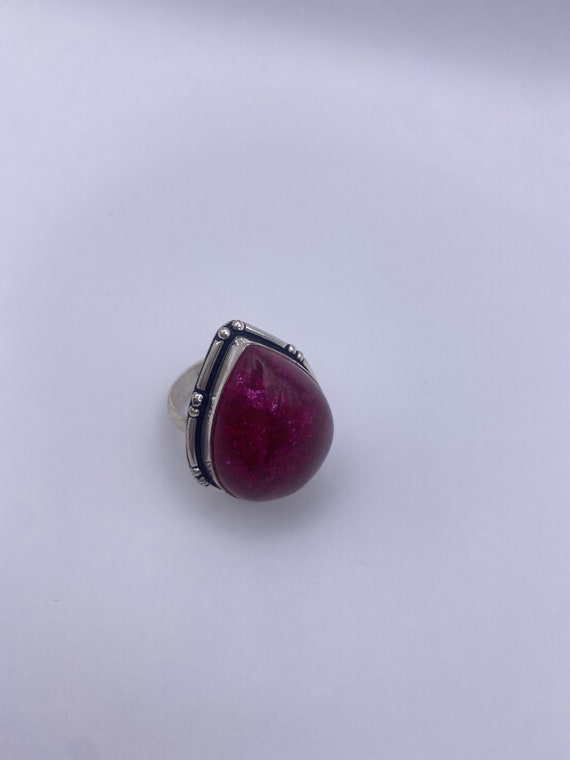 Vintage Pink crackle glass Silver Ring Size 8 - image 7