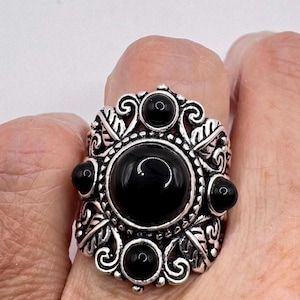 Vintage Black Onyx Silver Cocktail Ring Size 7