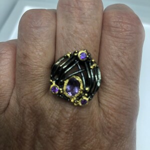 Vintage Handmade Genuine Purple Amethyst Filigree Setting 925 Sterling Silver Gothic Ring