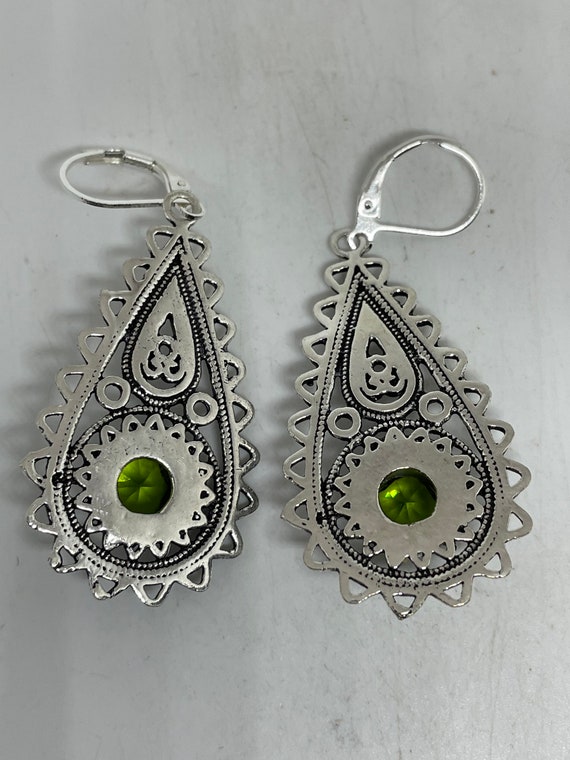 Antique Vintage Green Peridot Silver Dangle Earri… - image 4