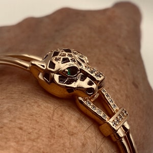 Vintage Cougar Cat Bangle Bracelet Gold filled Green Crystal Eyes