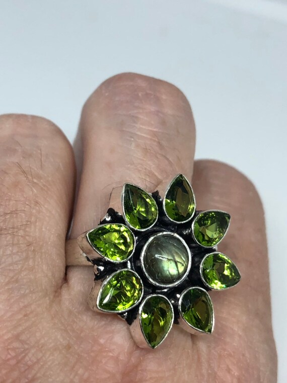 Vintage Large Green Peridot Labradorite Silver Flo