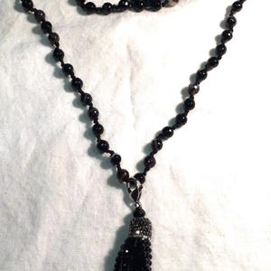 Handmade Black Striped Onyx and Crystal Tassel Necklace