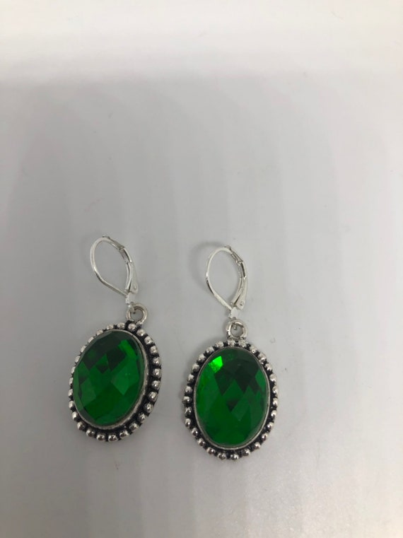 Antique Vintage Green Glass Silver Dangle Earrings - image 5