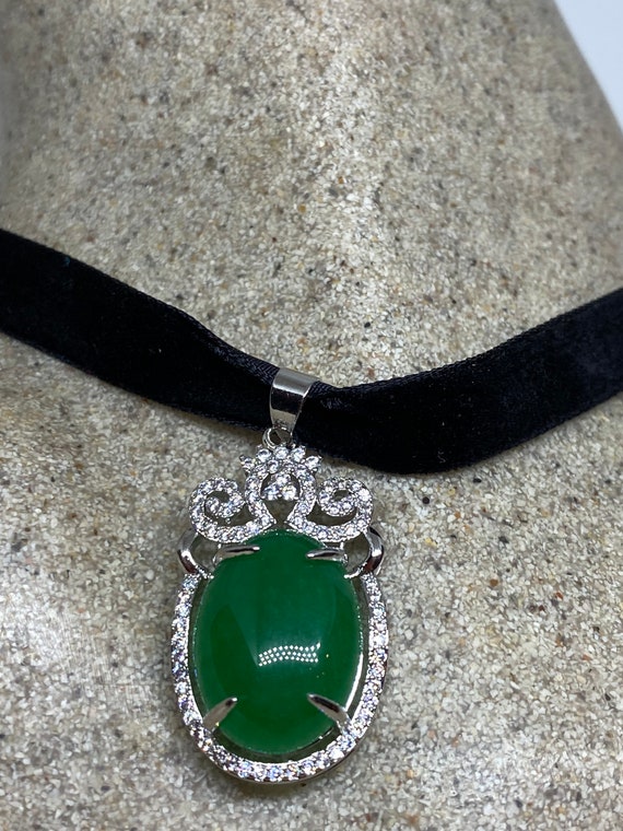 Vintage Green Jade Choker  Silver Finish Necklace… - image 1