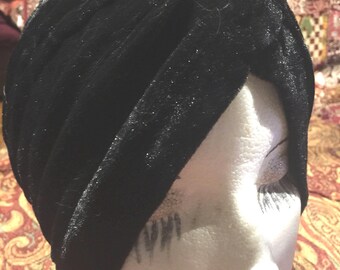 Vintage Black Stretch Velvet Deco Turban Hat