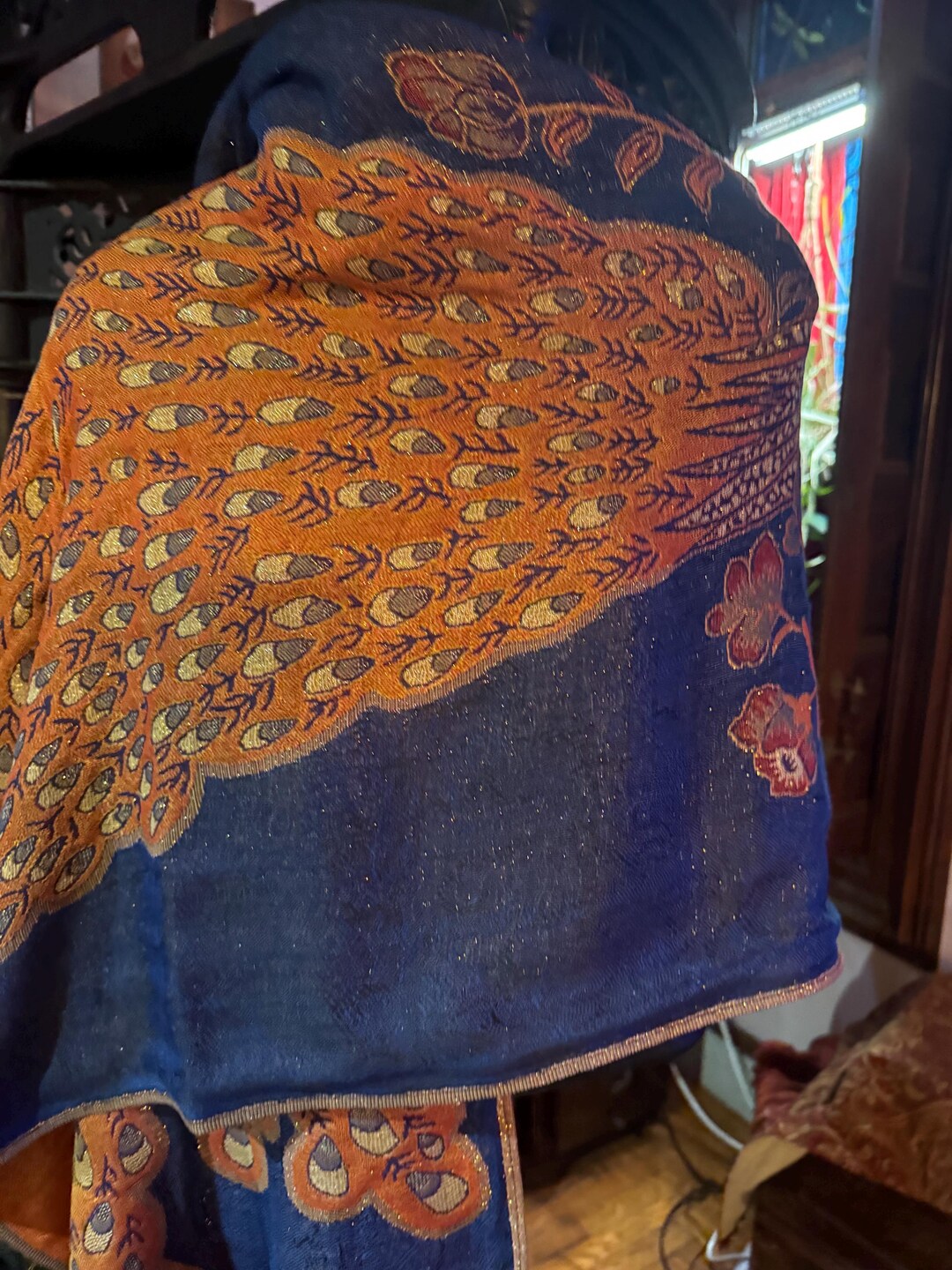 Velvet Peacock Feather Blue Shawl