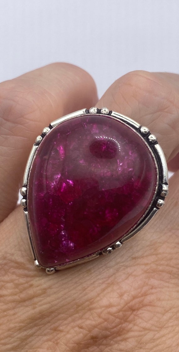 Vintage Pink crackle glass Silver Ring Size 8 - image 1