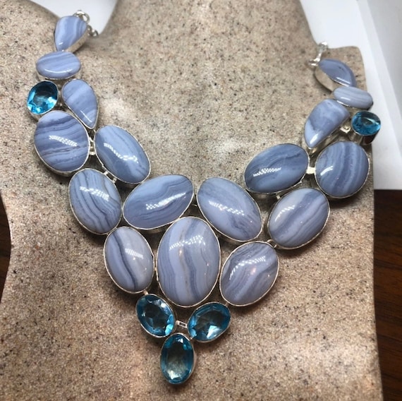 【匿名配送】agate レース調ネックレス blue lace agate statement necklace ブルーレースアゲートの