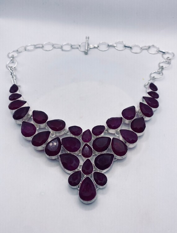 Vintage Red Carved Raw Ruby Choker Silver Collar … - image 1