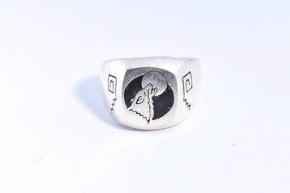 Vintage Wolf and Full Moon Mens Ring