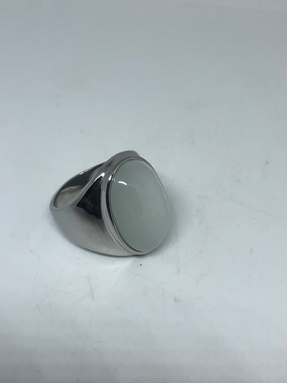 Vintage White Cats Eye Glass Mens Ring Stainless … - image 6