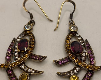 Vintage Handmade 925 Sterling Silver Bohemian Garnet Dangle Chandelier Earrings