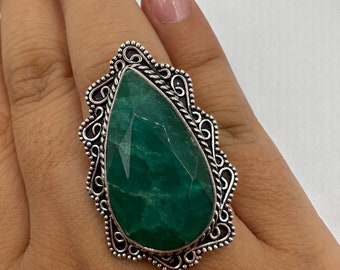 Vintage Green Raw Emerald Silver Bronze Statement Boho Ring