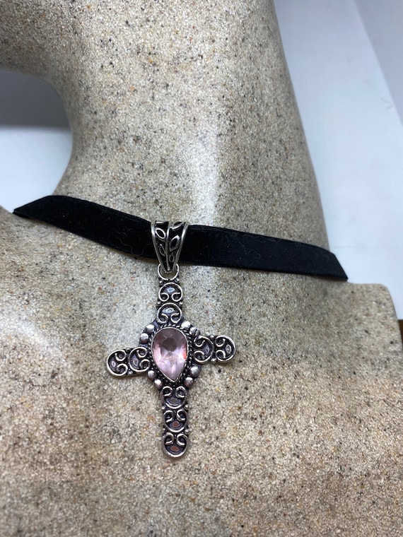 Vintage Handmade Silver Finish Rose Quartz Cross … - image 2