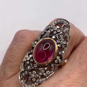 Vintage Red Tourmaline with Rose Cut Diamond in 925 Sterling Silver and 18k Gold Cocktail Ring