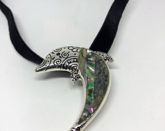 Blue Handmade Gothic Styled Silver Finished Genuine Abalone Dolphin Choker Necklace