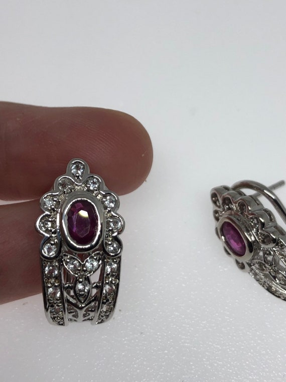 Vintage Handmade Sterling Silver Deep Pink Ruby E… - image 2