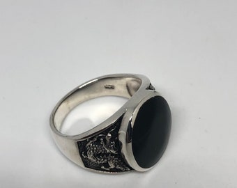 Vintage Gothic Sterling Silver Genuine Black Onyx Dragon Mens Ring
