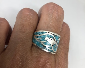 Vintage Native American Style Southwestern  Turquoise Stone Inlay Mens Hawk Ring