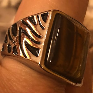 Vintage Gothic Stainless Steel Genuine Tigers Eye Mens Ring