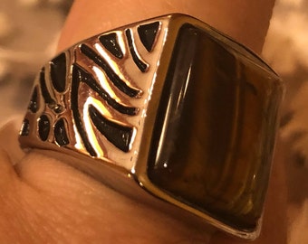 Vintage Gothic Stainless Steel Genuine Tigers Eye Mens Ring