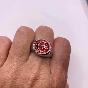 Men's Silver Ring Ottoman Red Enamel Crescent Moon & Star 5223