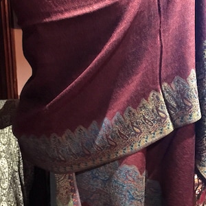 Vintage Burgundy Turquoise Paisley Brocade Pashmina Scarf Wrap
