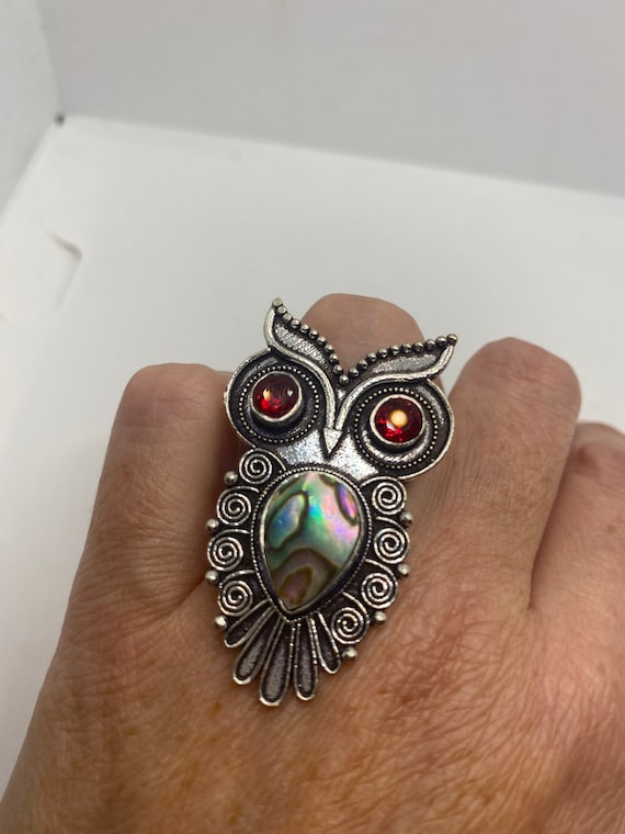 Antique Green Abalone White Bronze Silver owl Ring