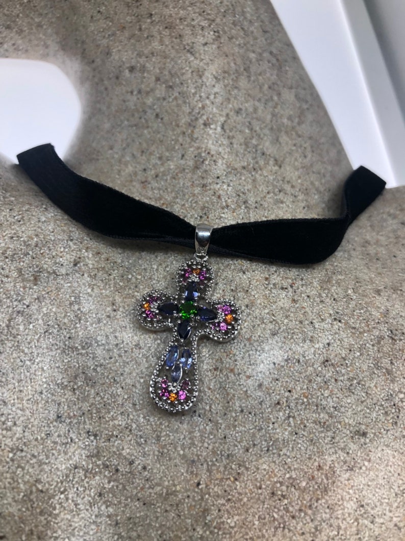 Vintage Handmade 925 Sterling Silver mixed gemstone Cross Antique Pendant Necklace