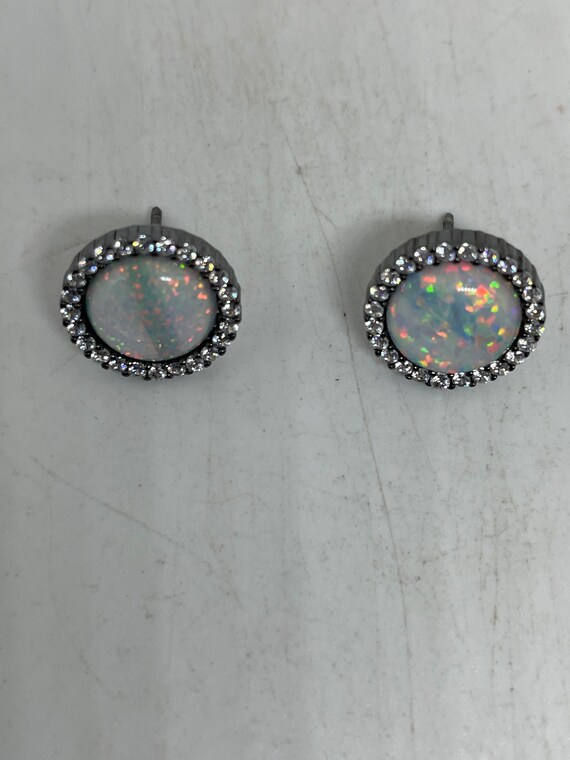 Vintage Opal Earrings 925 Sterling Silver Stud Bu… - image 3