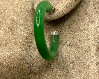 Vintage Green Jade Sterling Silver Semi Hoop Earrings