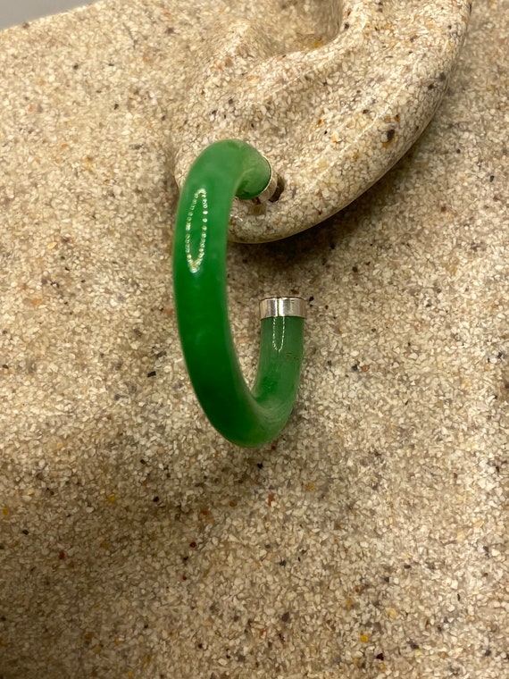Vintage Green Jade Sterling Silver Semi Hoop Earri