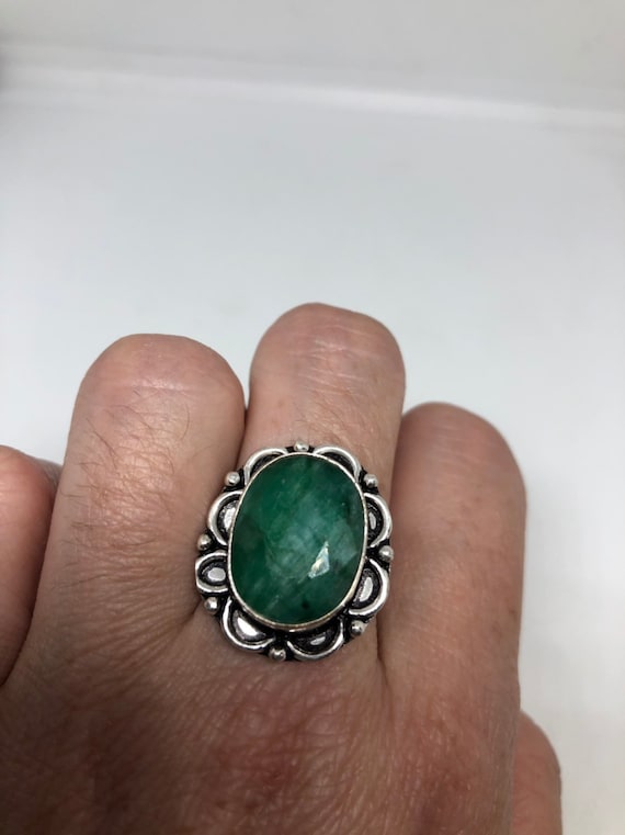 Antique Green Emerald white bronze silver ring