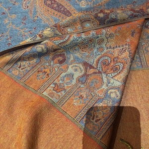 Blue Orange Vintage Paisley Brocade Pashmina Scarf Wrap Shawl image 5