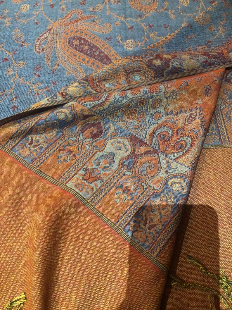 Blue Orange Vintage Paisley Brocade Pashmina Scarf Wrap Shawl image 5