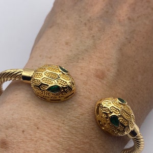 Vintage Snake Bangle Bracelet Gold filled Green Crystal Eyes