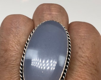 Anillo antiguo de calcedonia azul auténtica de una pulgada de largo