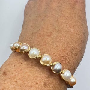 Vintage Pearl Cuff Bangle Bracelet Gold 925 Sterling Silver Hand Made