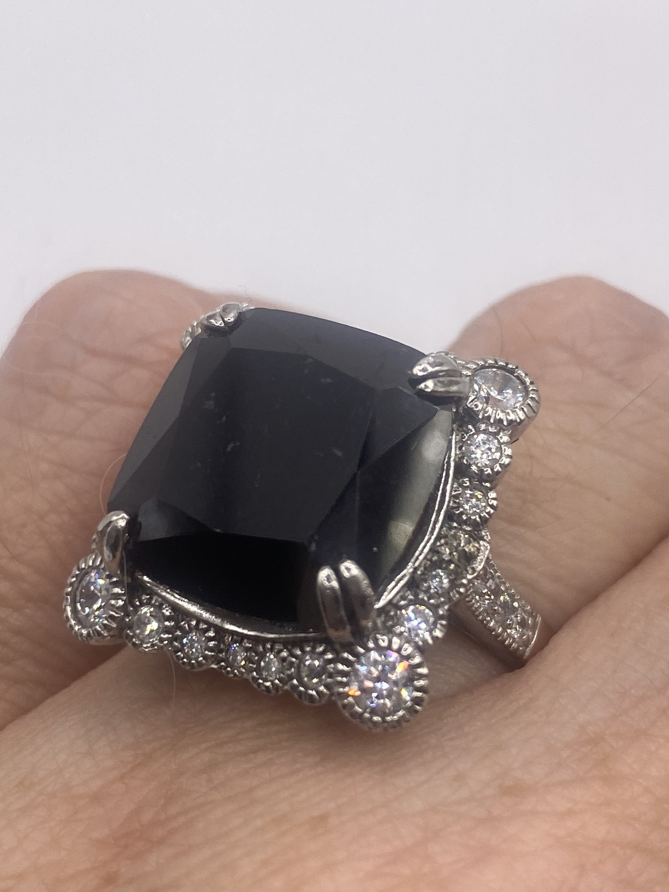 Anello Cocktail Vintage In Argento 925 Con Onice Nero E Zirconia Cubica, Taglio Quadrato, Regalo Fidanzamento