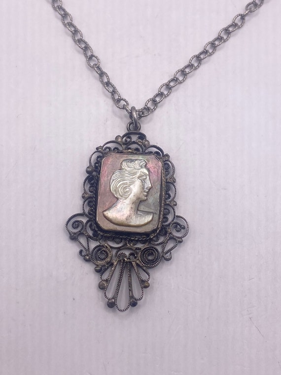 Vintage Mother of Pearl Cameo Sterling Silver Nec… - image 8