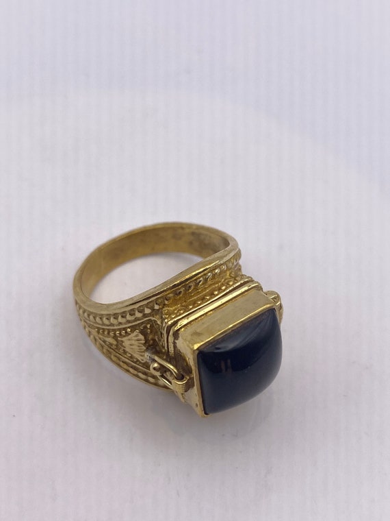 Vintage Black Onyx Brass Poison Pillbox Ring - image 3