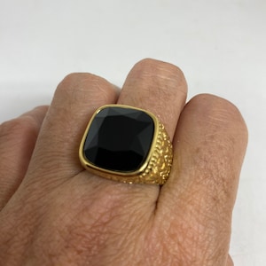 Vintage Black Onyx Golden Stainless Steel Mens Ring