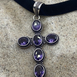 Bohemian Cut Deep Purple Genuine Amethyst Cross Choker Necklace