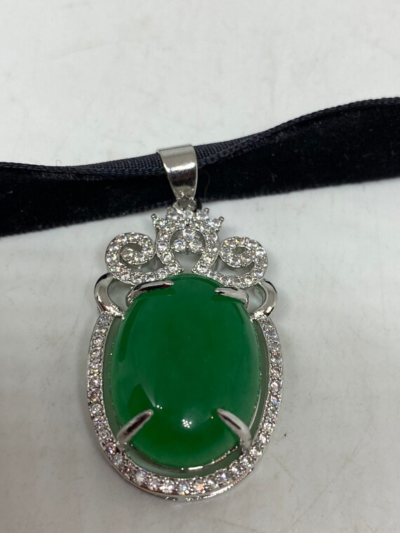 Vintage Green Jade Choker  Silver Finish Necklace… - image 3