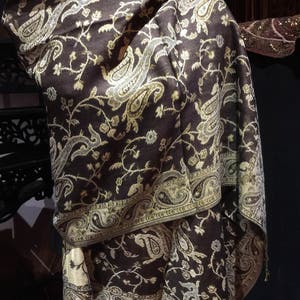 Vintage Brown Paisley Brocade Pashmina Scarf Wrap